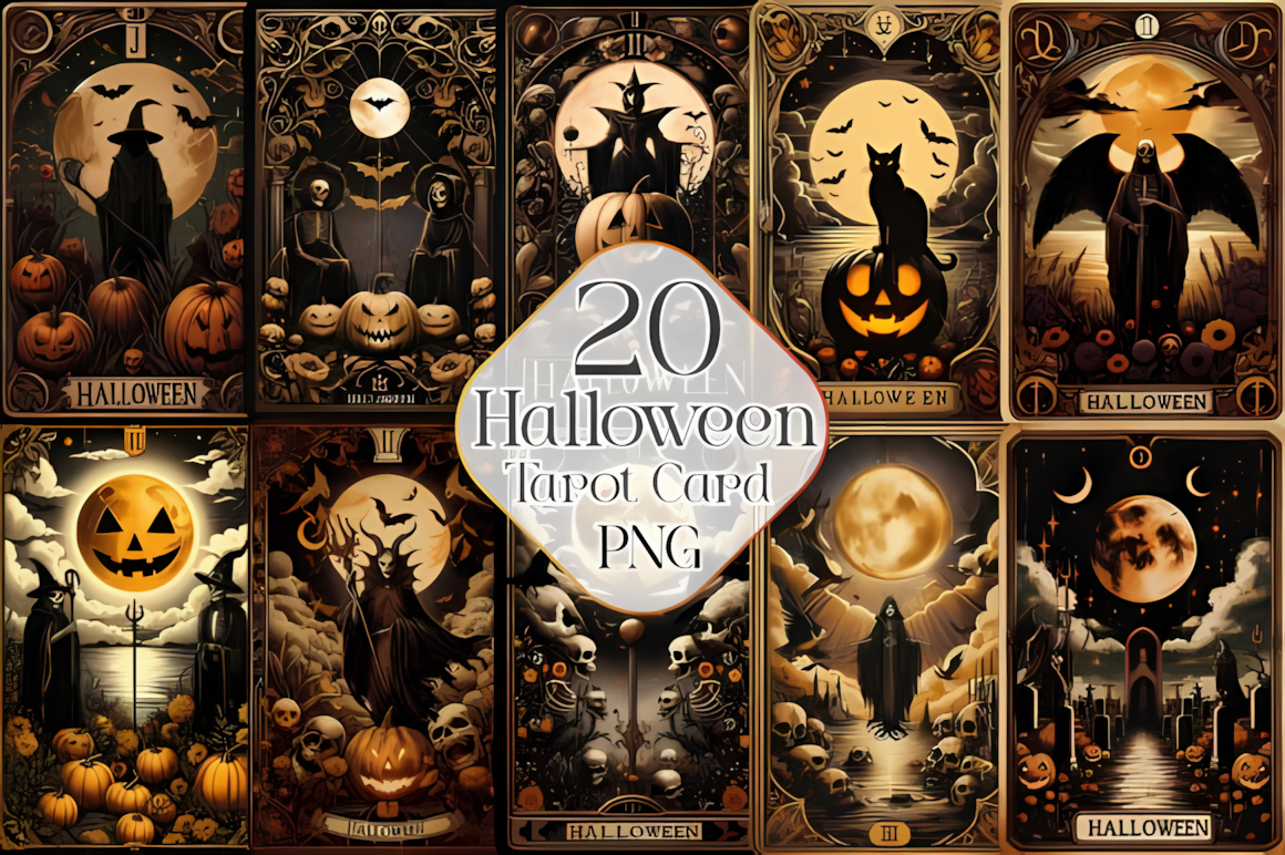 Halloween tarot card PNG set with print-ready 300 DPI isolated graphics for crafters
