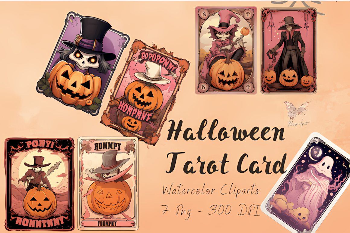 Watercolor Halloween tarot clipart pack with soft hand-painted spooky characters