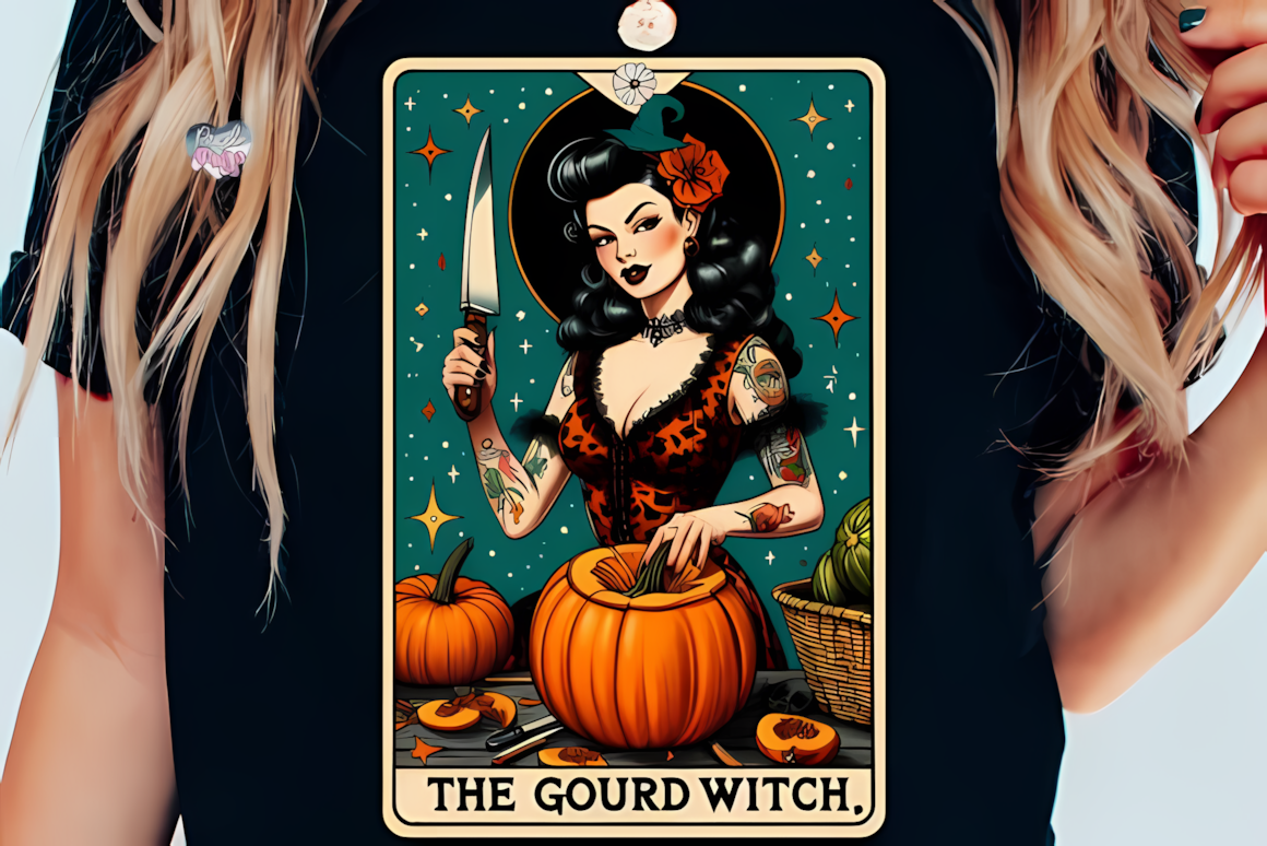 Witch and pumpkin tarot PNG illustration featuring a gothic witch holding a glowing jack-o'-lantern