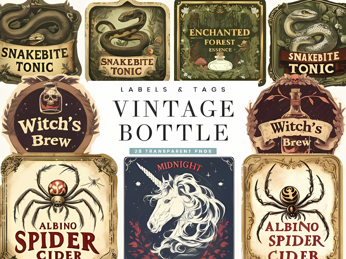 Antique look vintage Halloween bottle labels PNG set for apothecary and potion jars