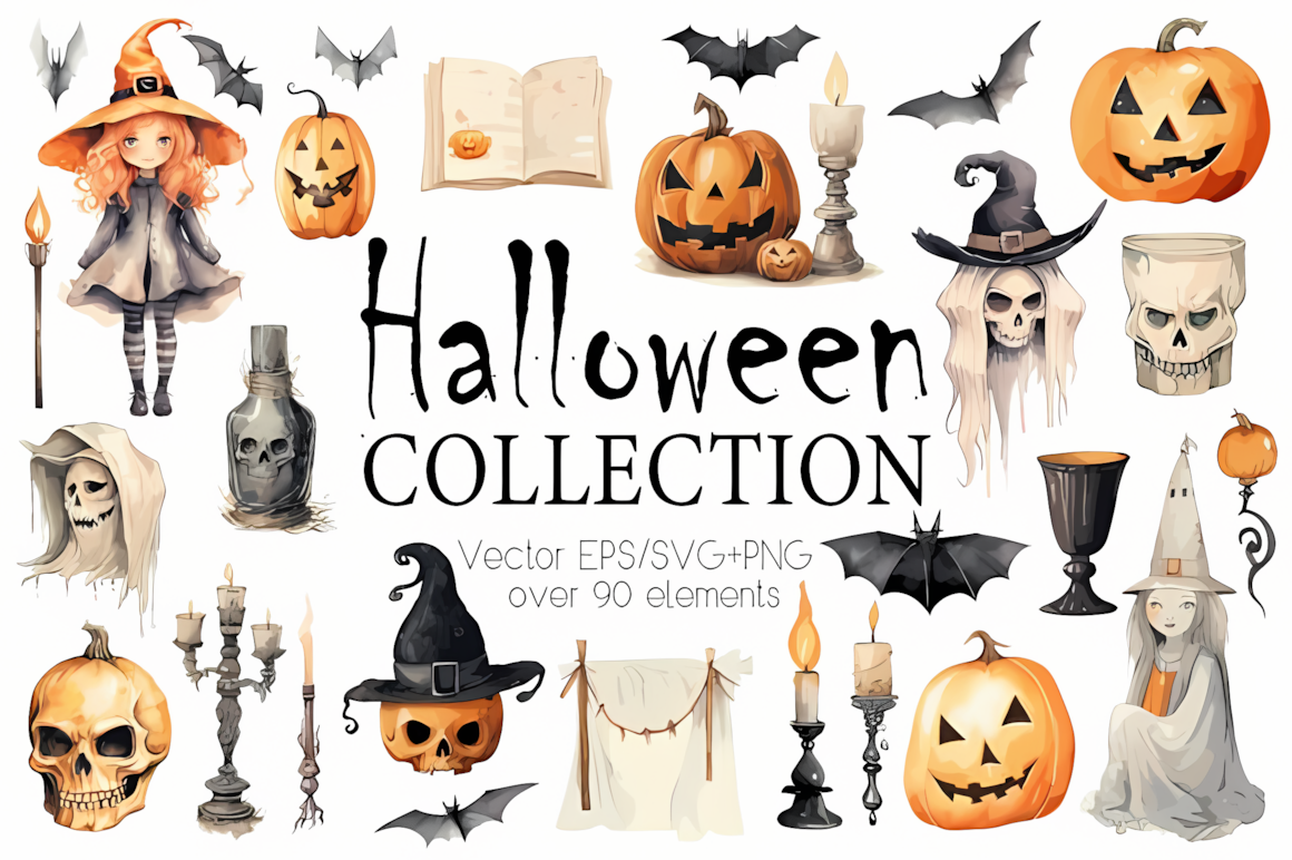 Antique traditional style Halloween vintage clipart illustrations on off-white background