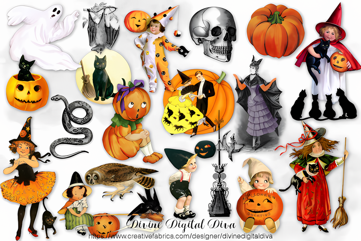 Adorable spooky scary vintage Halloween clipart showing children in retro costumes