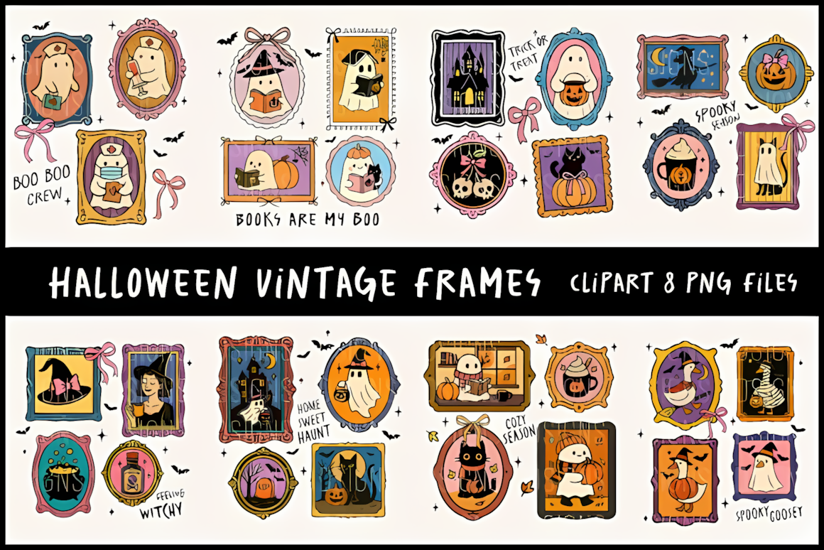 Cute Halloween vintage frames PNG bundle with ghosts, pumpkins, and haunted houses