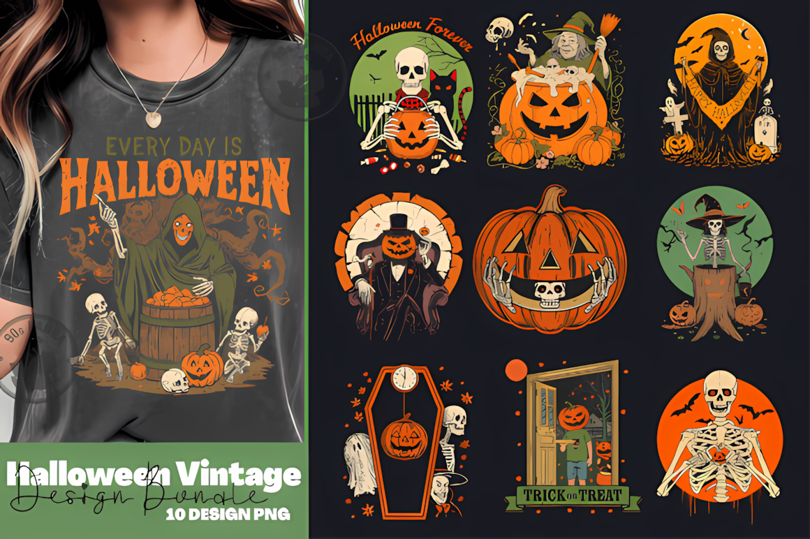Vintage halloween skeleton png layout for retro holiday signs