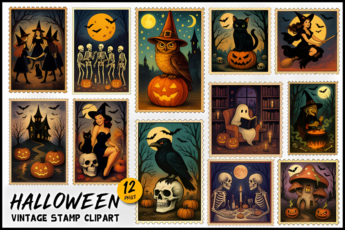 Vintage style Halloween postage stamp clipart with antique typography and graphics