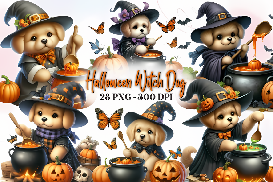 witch dog watercolor halloween clipart illustration