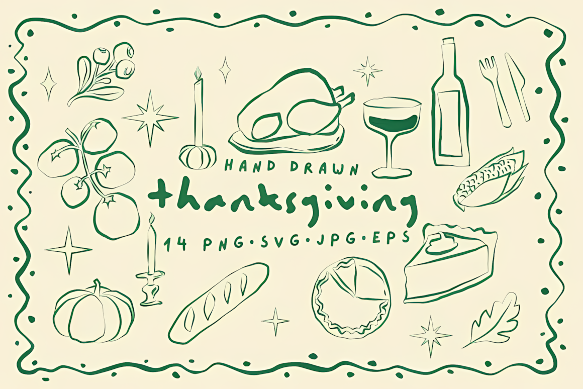 Hand-drawn outline doodles of turkeys, pies, and autumn leaves.