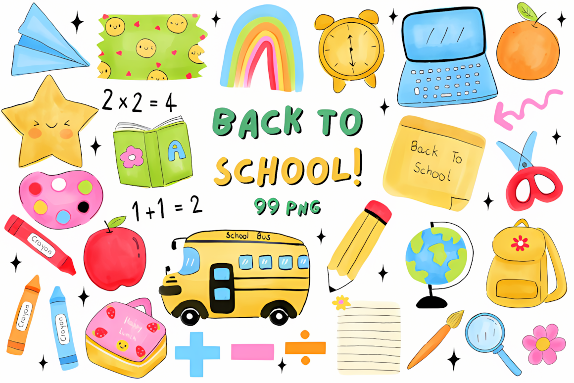 Hand drawn watercolor back to school PNG illustrations for craft projects