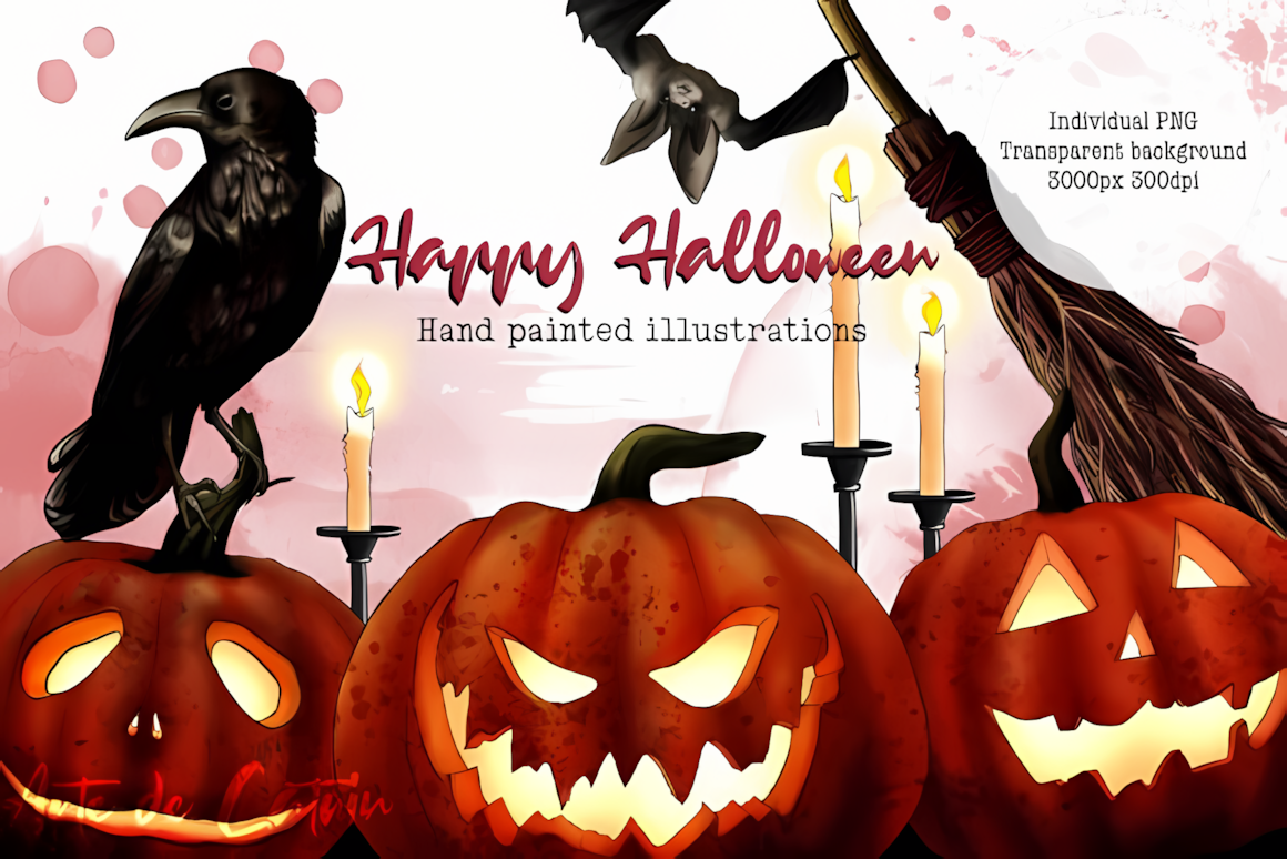Cheerful vintage Happy Halloween clipart featuring spooky retro cartoon characters