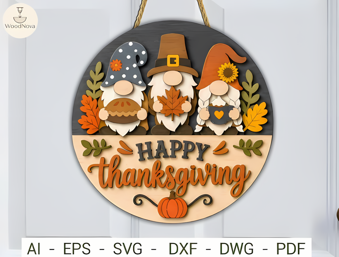 Cute holiday door hanger with gnomes designed using a thanksgiving door hanger svg.