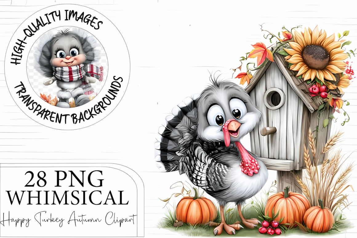 Joyful holiday turkey graphics from a happy turkey fall harvest clipart png set.