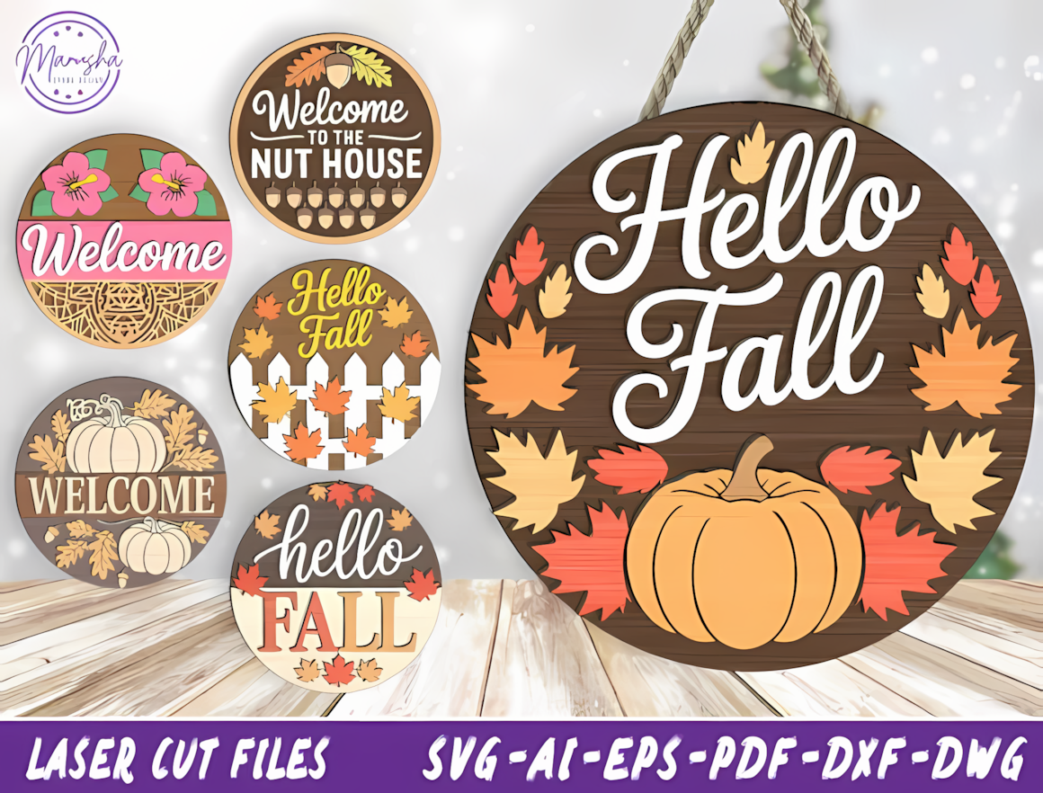 Harvest door hangers with leaf patterns from a layered thanksgiving sign svg bundle.