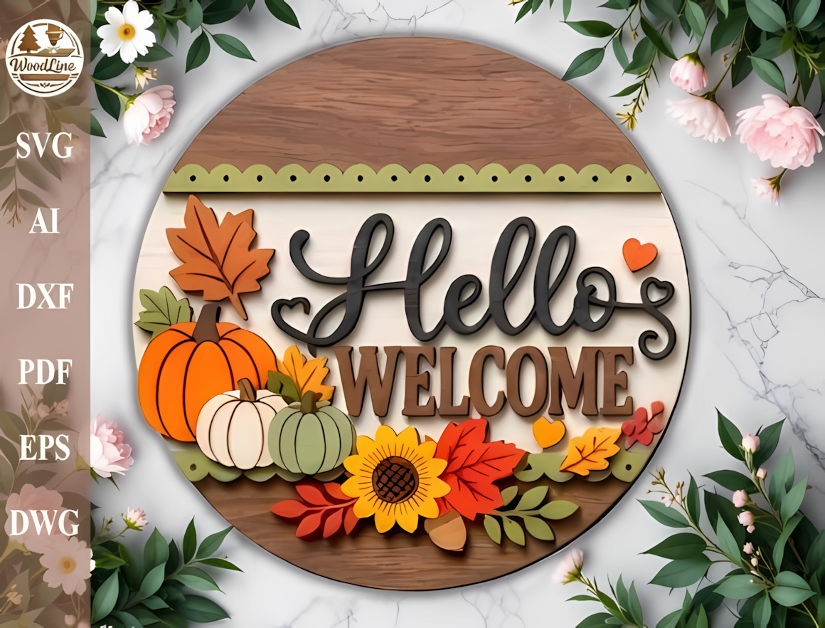 Wooden welcome plaque featuring a glowforge thanksgiving sign svg with intricate leaf cutouts.