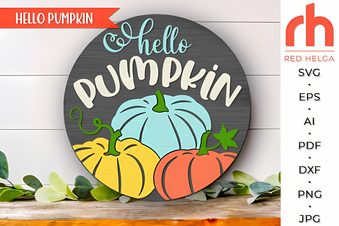 Festive front porch decor featuring a thanksgiving door hanger svg with three colorful layered pumpkins.