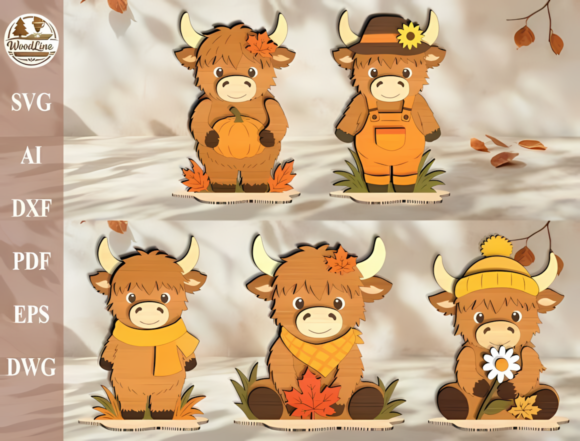 Fluffy Highland cow wearing a miniature pumpkin hat cut from textured birch plywood