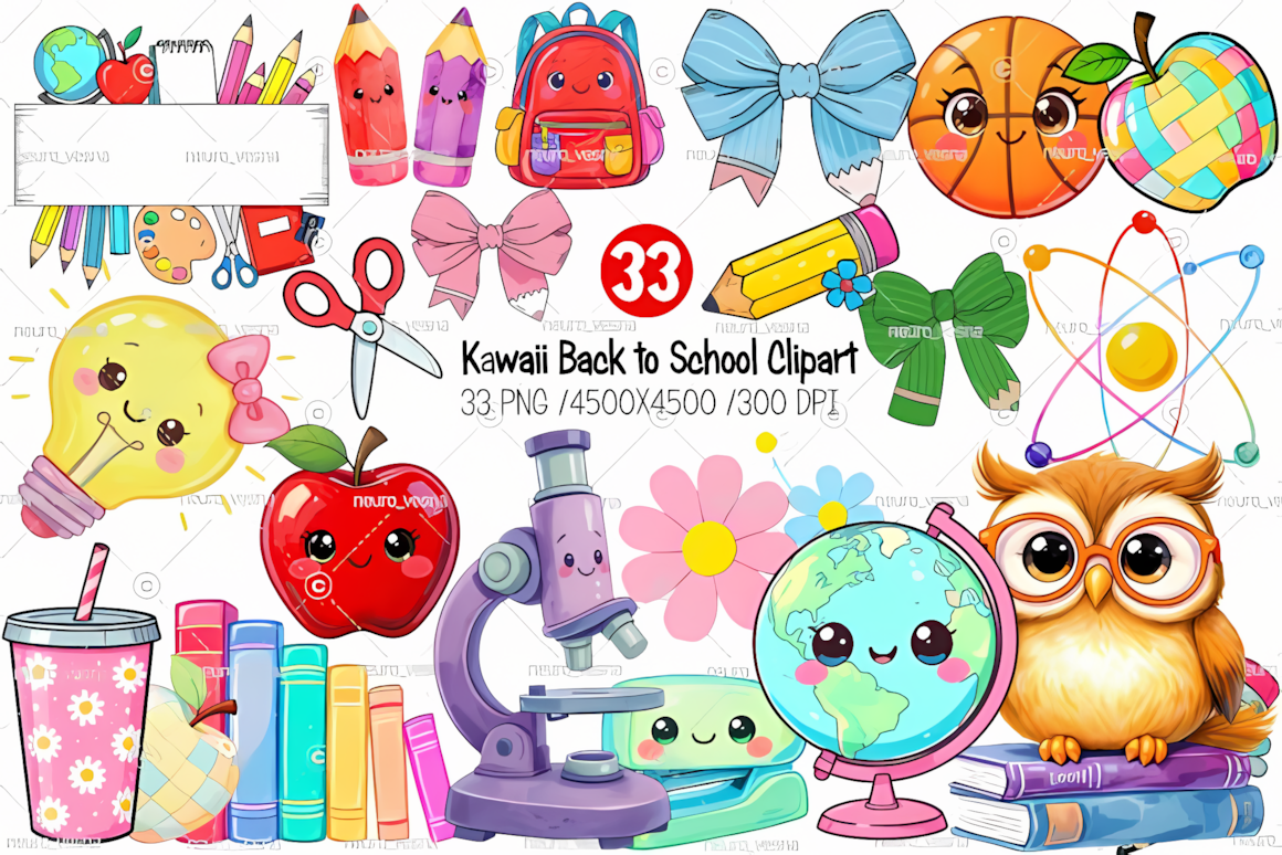 Kawaii back to school clipart featuring adorable smiling stationery icons