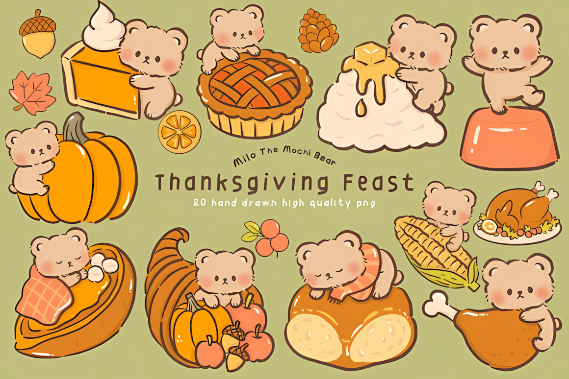 Kawaii bear enjoying a holiday feast from a kawaii bear thanksgiving clipart feast set.