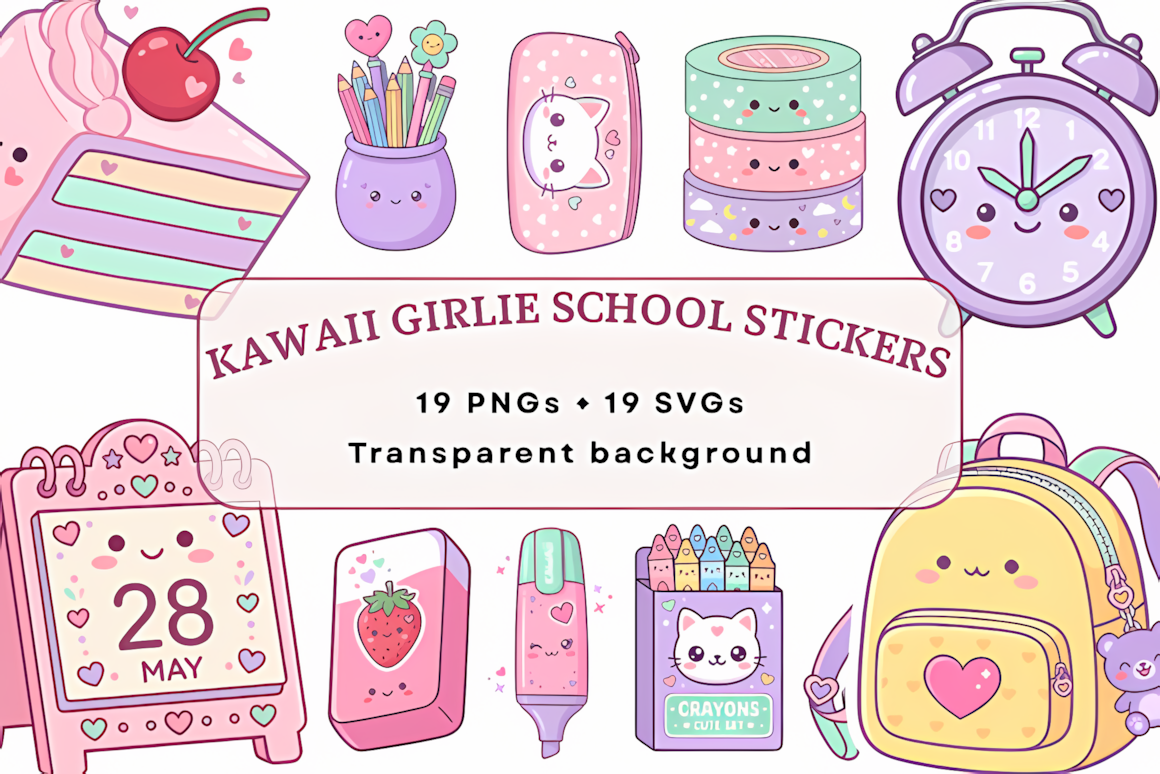 Kawaii pastel girlie school sticker PNG set with cute decorative elements