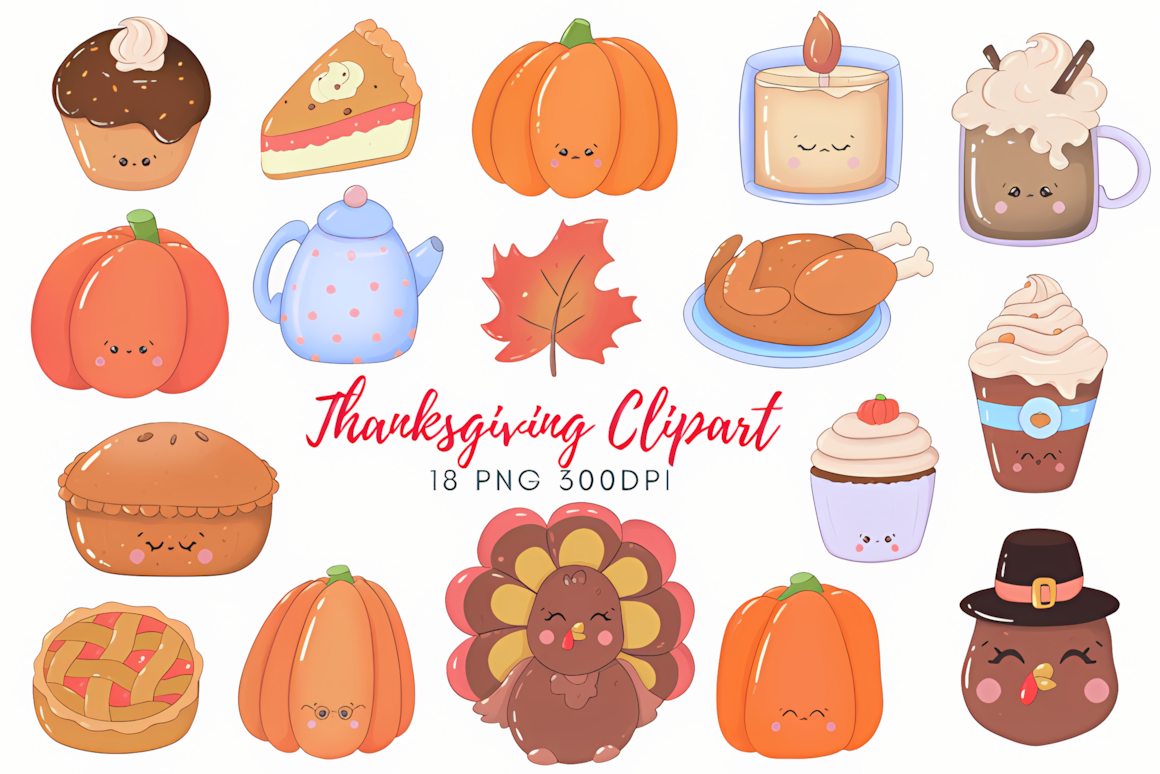 Cute kawaii turkey and pie graphics from a kawaii thanksgiving clipart png bundle.