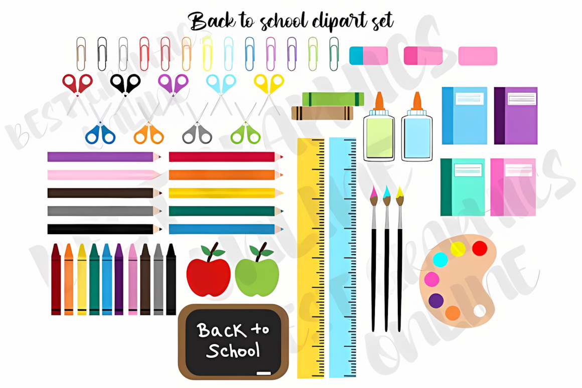 Kids back to school supplies clipart set with colorful pencils and crayons