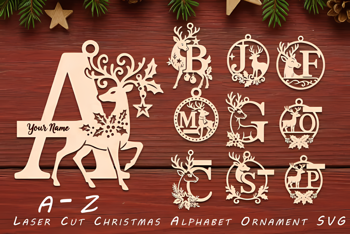 Laser cut Christmas alphabet ornament set with festive holiday monogram letters