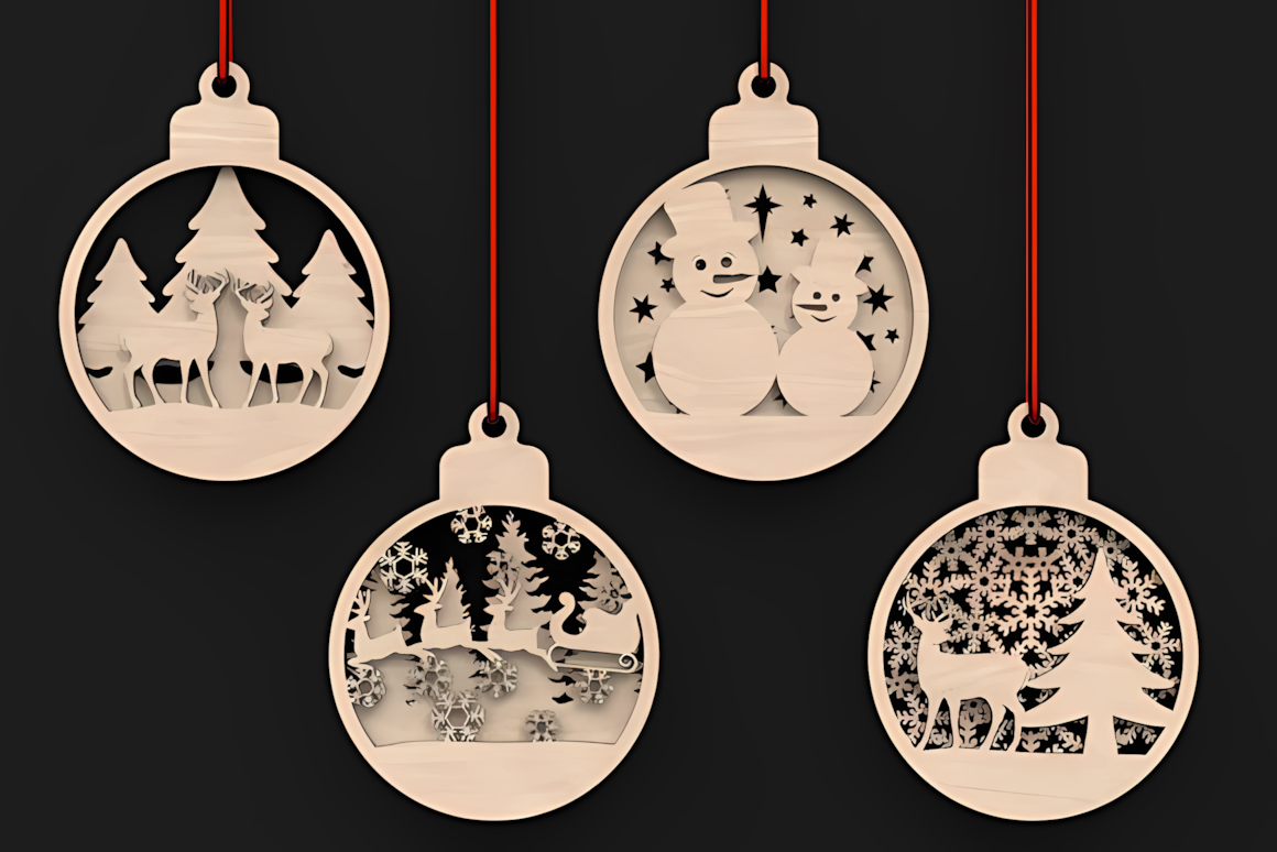 Laser cut Christmas baubles SVG files with dual-layered 3D tree decoration designs