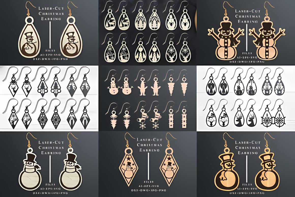 Vector collection of laser cut christmas earrings rendered as wooden festive jewelry crafts