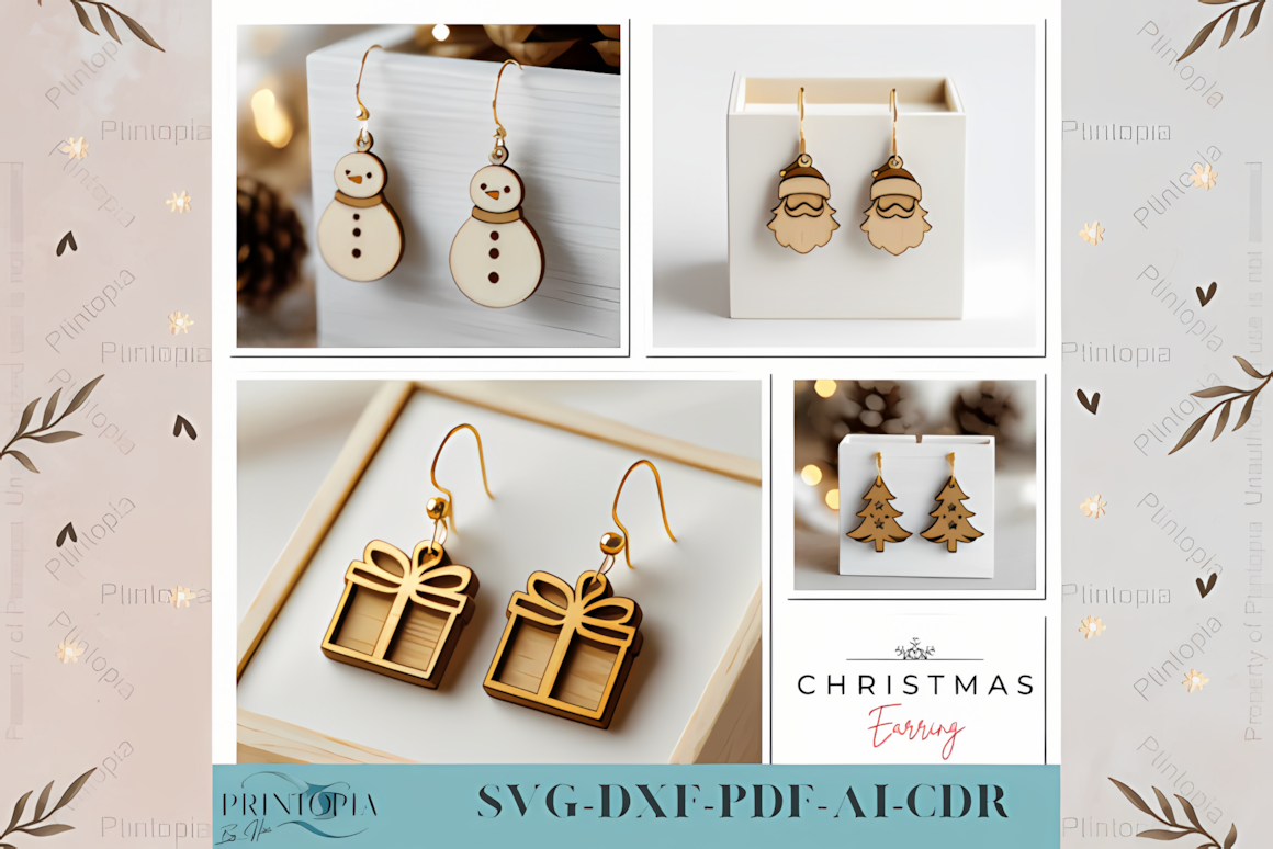 Intricate laser cut christmas earrings 003 template displayed as finished wooden dangle earrings