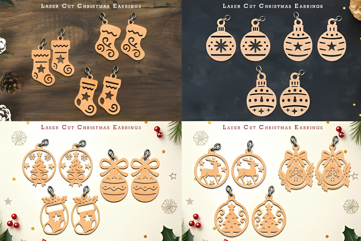 Laser cut christmas earrings commercial bundle featuring a variety of festive ear pendants