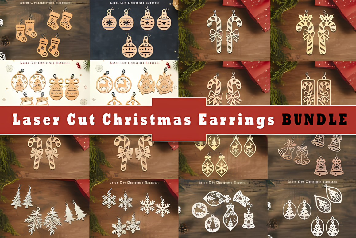 Multiple laser cut christmas earrings svg bundle templates laid out with festive holiday accents