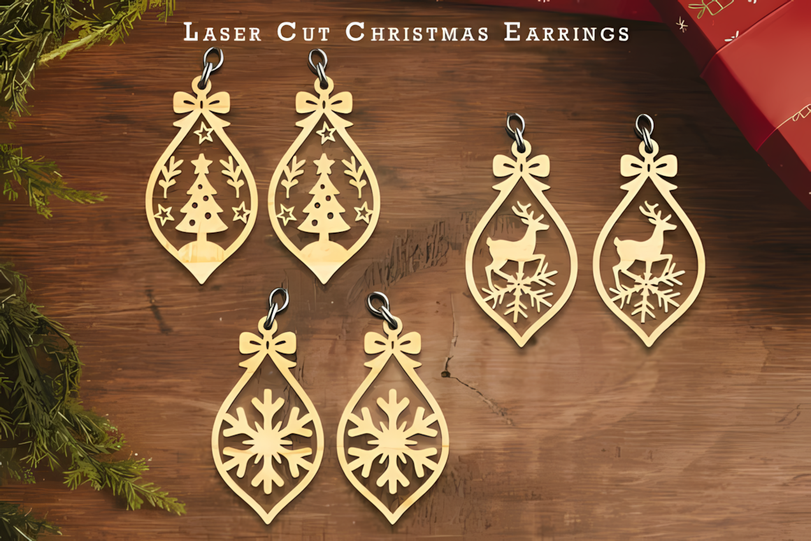 Laser cut christmas earrings ai download displayed as multi-style wooden drop pendants