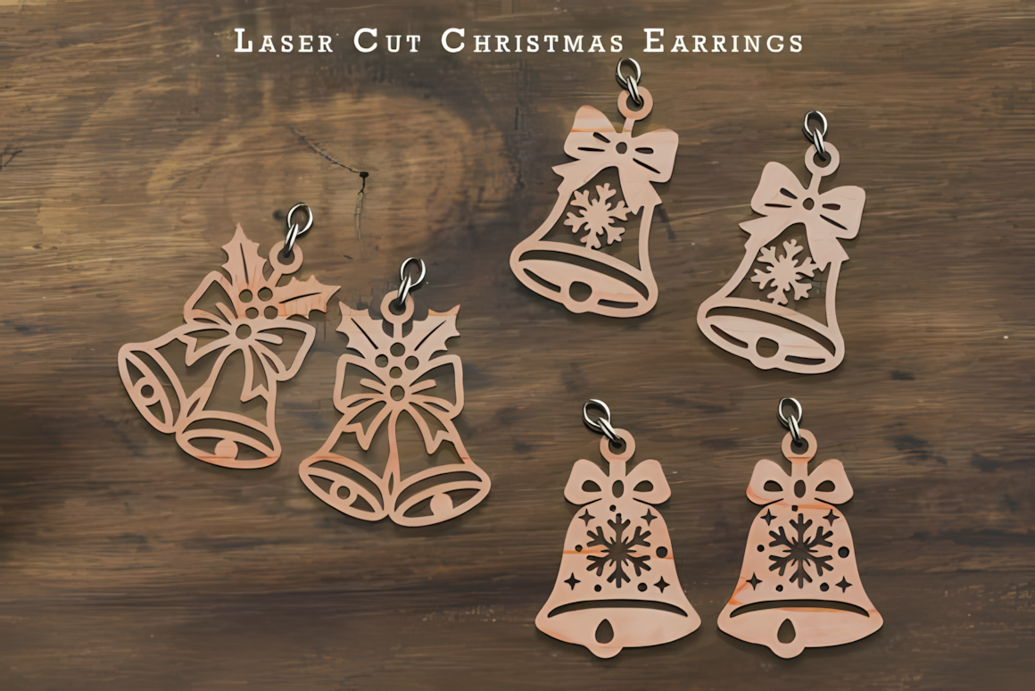 Laser cut christmas earrings dxf set shown as laser-engraved wooden jewelry pieces