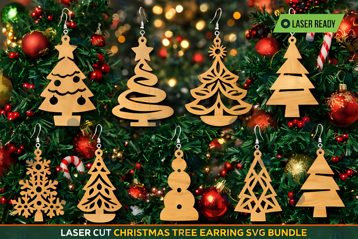 Fir tree laser cut christmas earrings displayed as lightweight wooden festive jewelry
