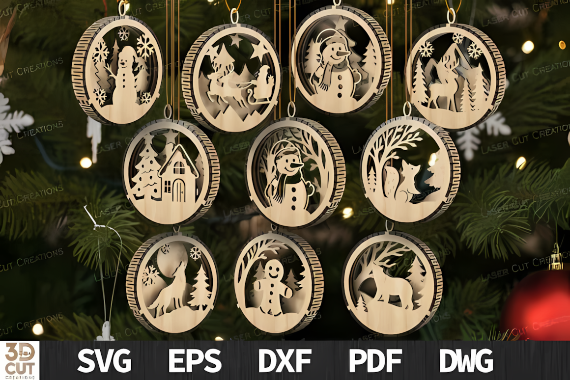 Layered Christmas ornament SVG bundle featuring 10 wooden holiday 3D designs