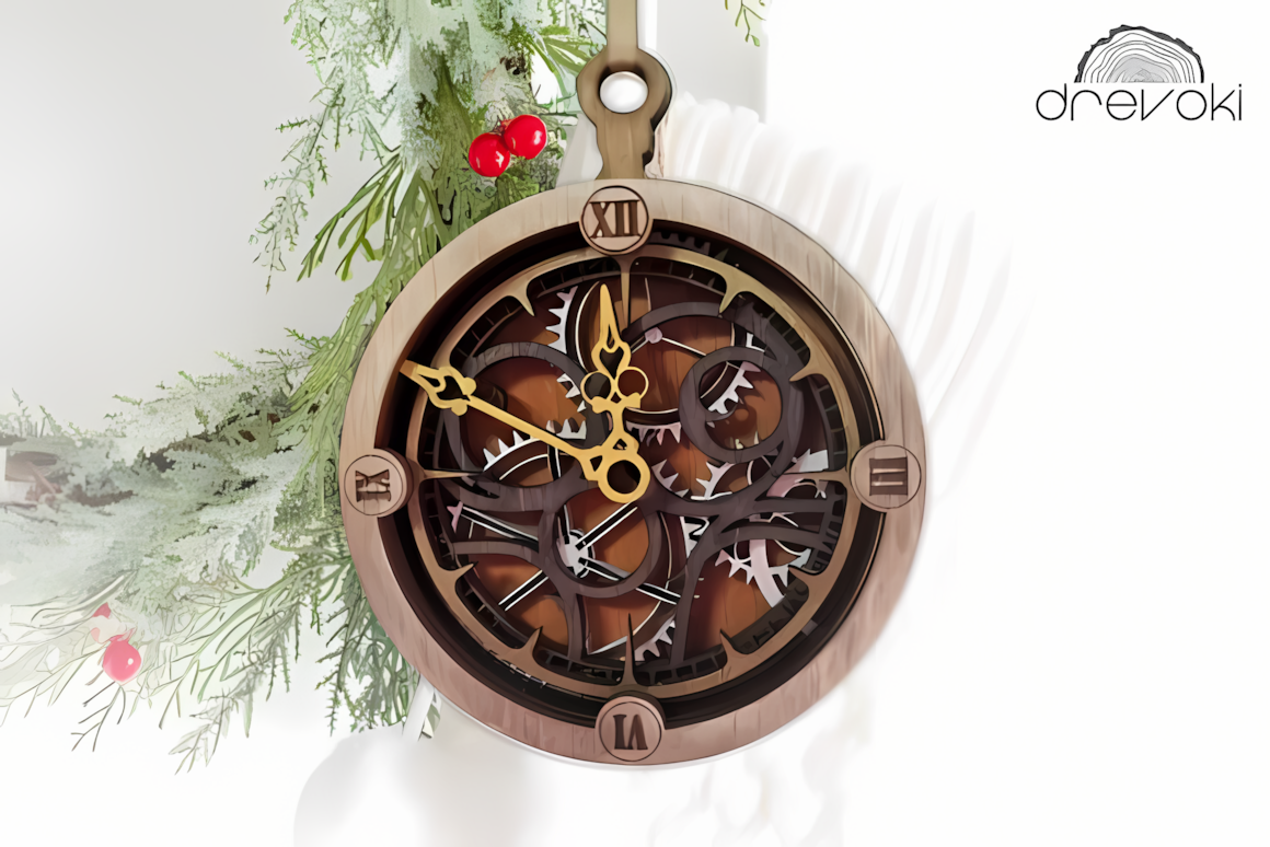 Layered clock Christmas ornament SVG file for 3D laser cutting and holiday decor