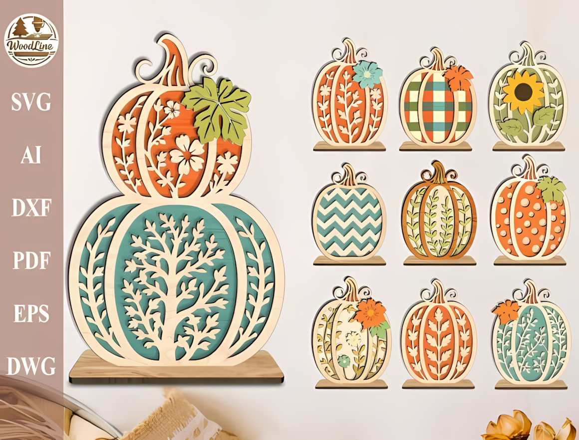Layered orange and natural wood pumpkin desk ornament designed for Glowforge and CNC routing