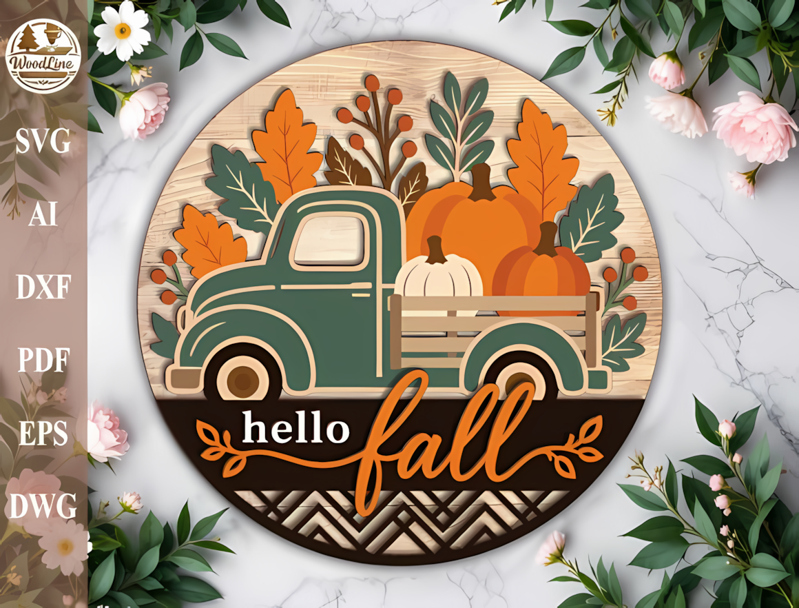 Vintage farm truck pumpkin decor made with a thanksgiving round sign laser cut design.