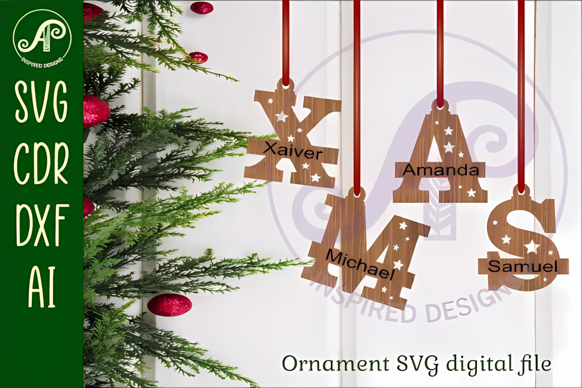 Initial letter round layered Christmas ornament SVG vector for wood laser cutting