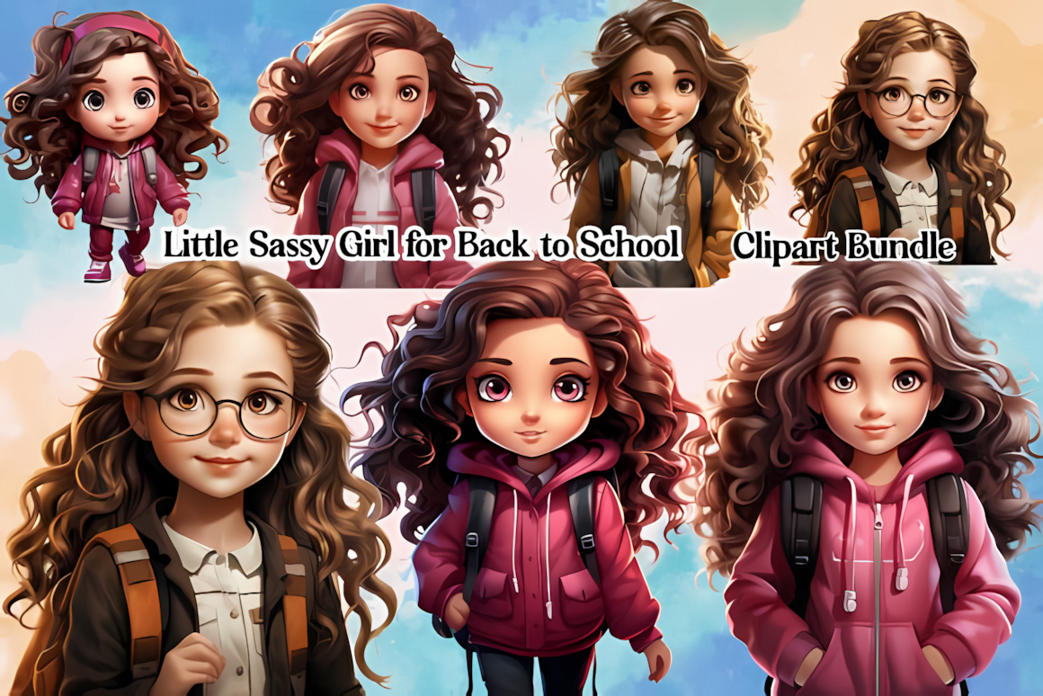 Little sassy school girl clipart character posing with a trendy backpack and glasses
