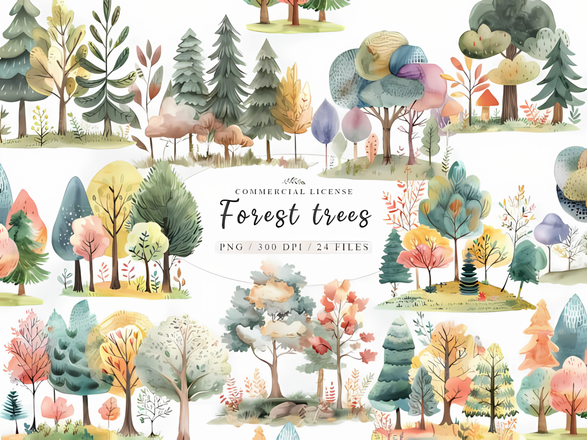 Whimsical watercolor fall forest clipart scenery with magical pine trees and cozy enchanted woodland elements.