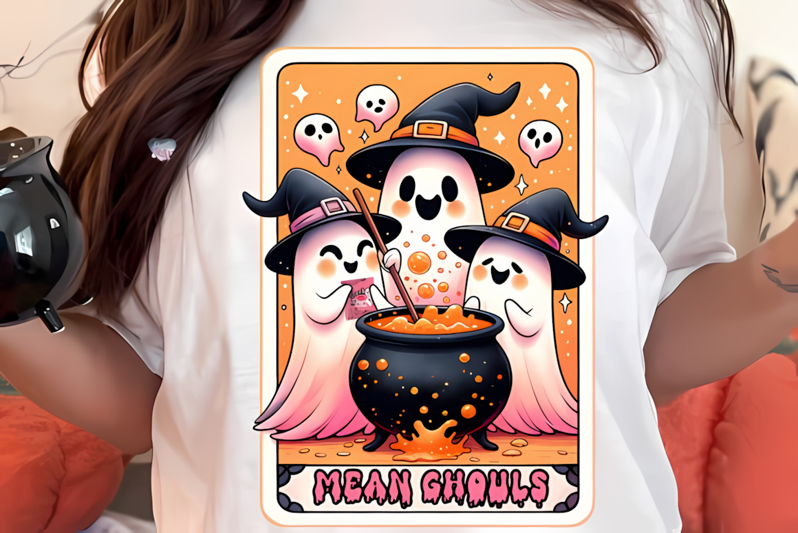 Mean ghouls tarot card PNG featuring trendy ghost witch character artwork for apparel