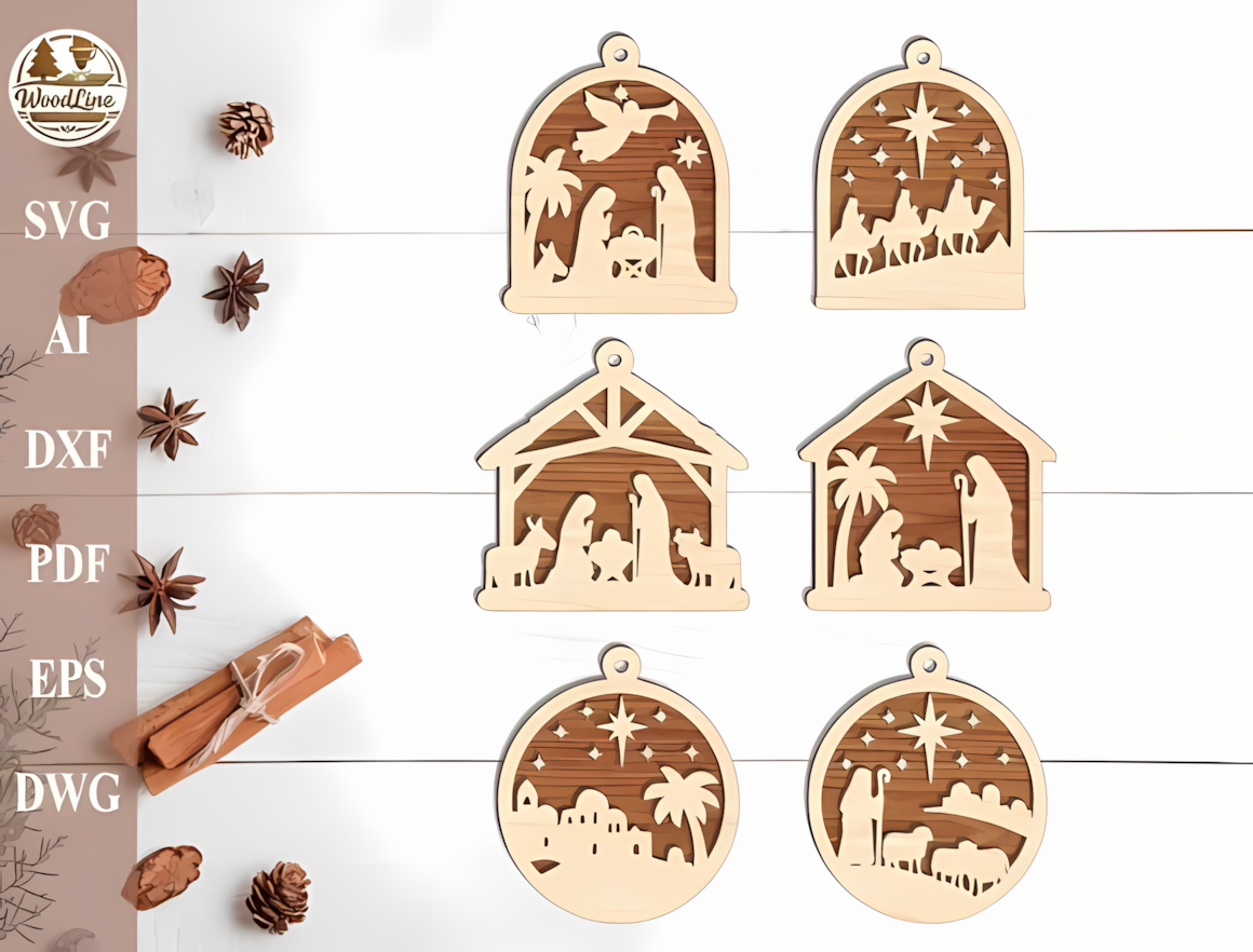Holy nativity Christmas ornament SVG bundle for 3D laser cut wooden decorations