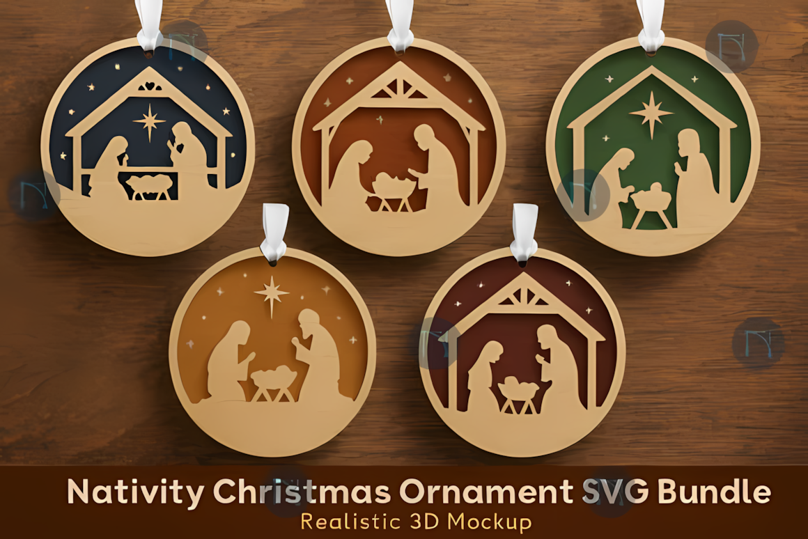 Nativity Christmas ornament SVG bundle featuring 3D layered holy family vector files