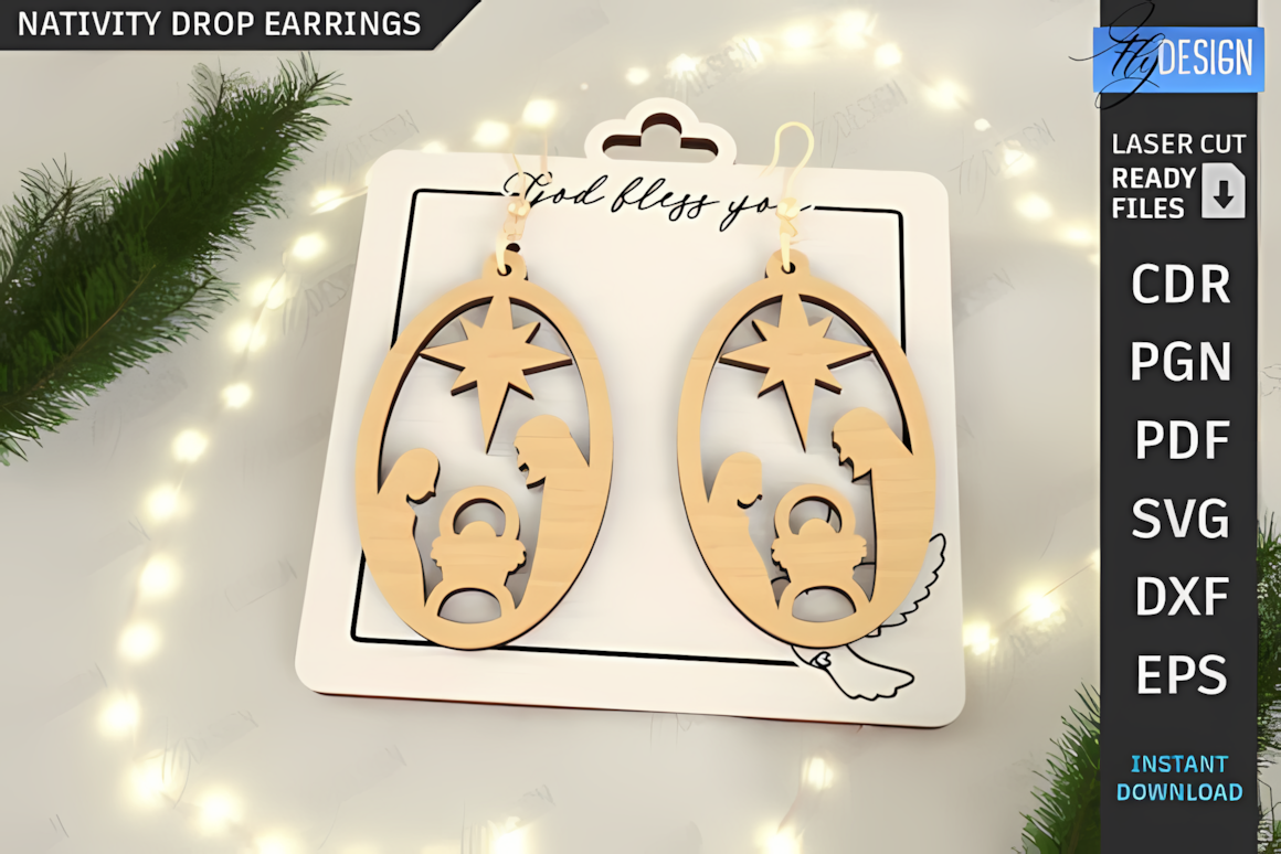 Nativity scene christmas drop earrings laser cut into detailed wooden dangle pendants