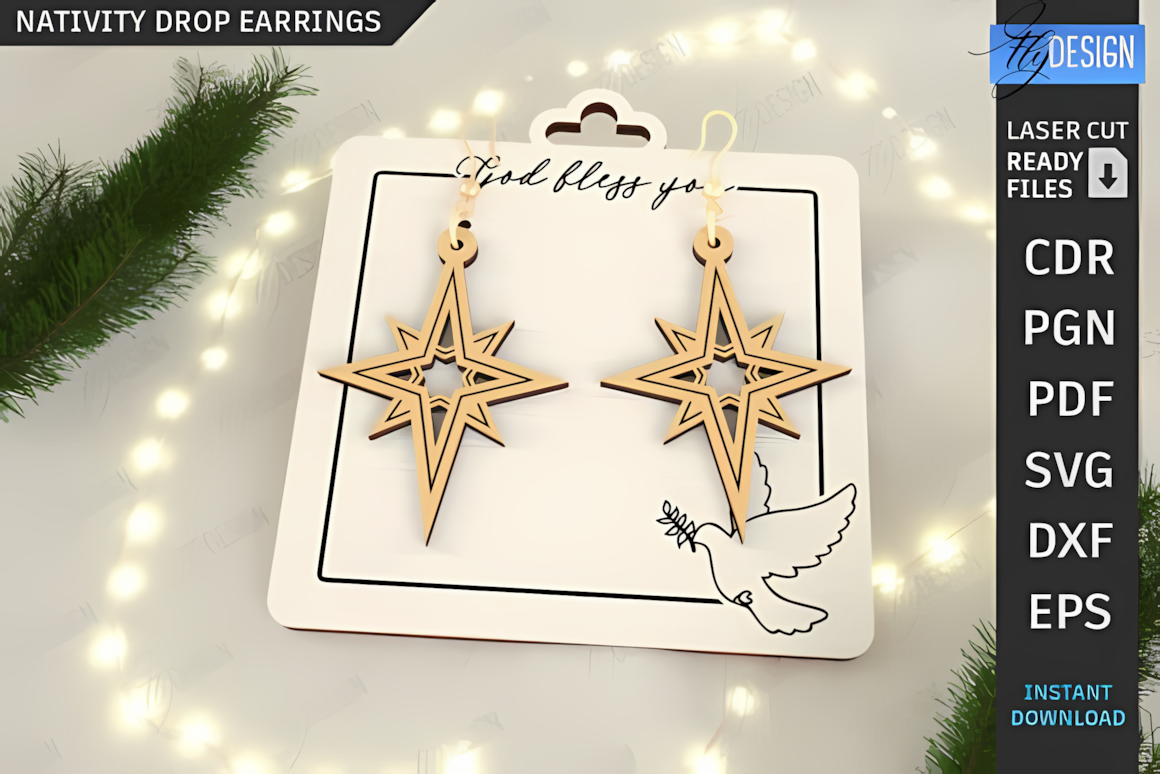 Holy nativity christmas drop earrings laser cut pattern with silhouette framing