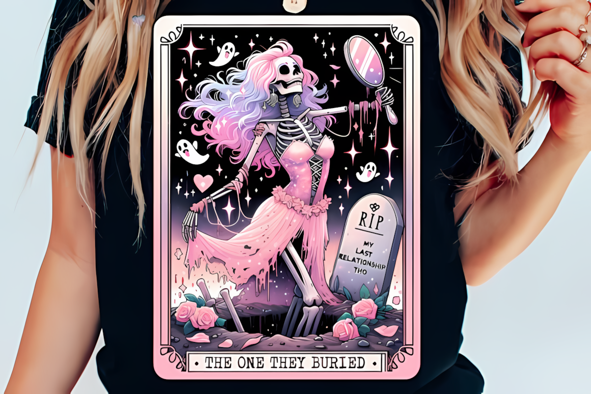 Pastel goth skeleton tarot card PNG featuring a buried skeleton surrounded by spooky flowers