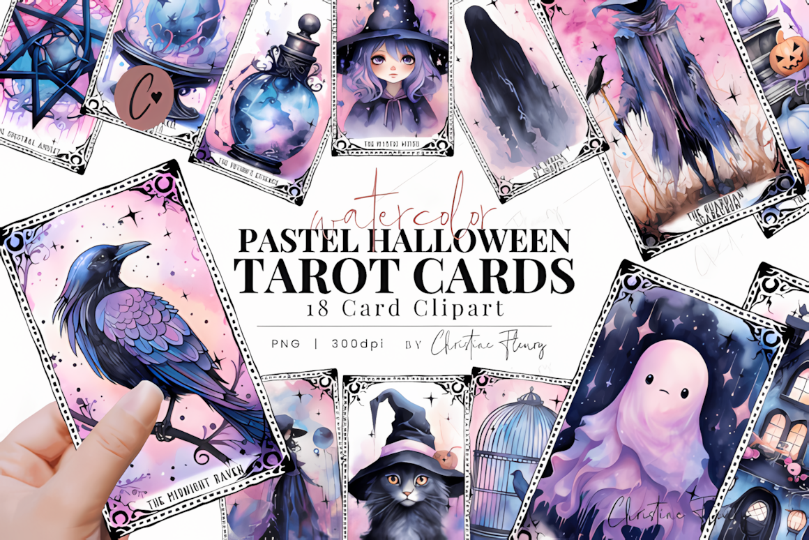 Pastel Halloween tarot cards illustration with soft watercolor aesthetic for spooky craft projects