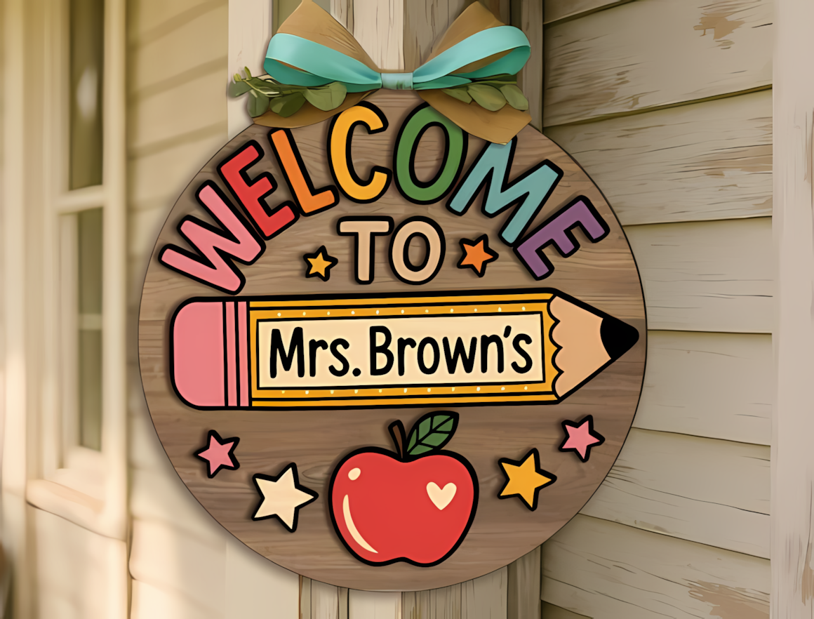 Wooden welcome door hanger layout for apple teacher name sign svg.
