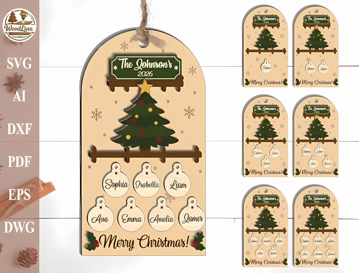 Personalized Christmas ornament SVG for 3D layered laser cut family tree hangers