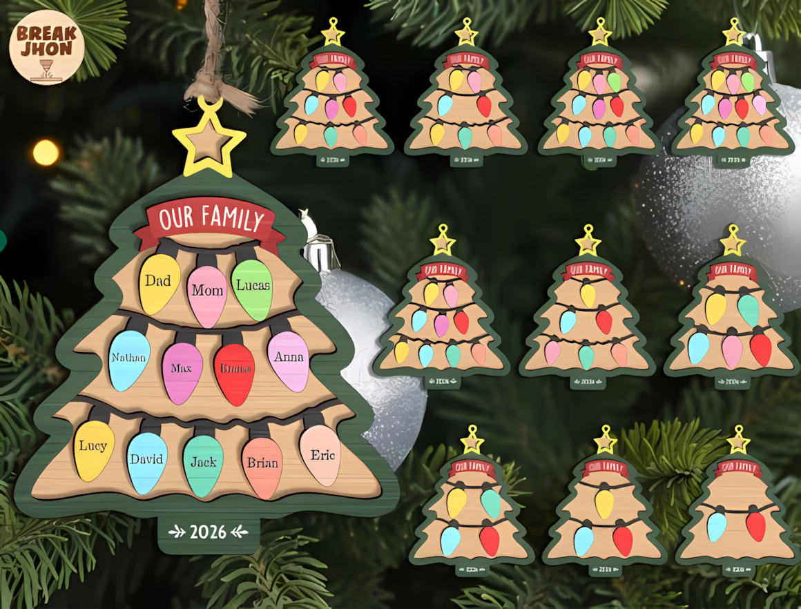 Personalized family Xmas ornament SVG for 3D layered laser cut holiday gifts